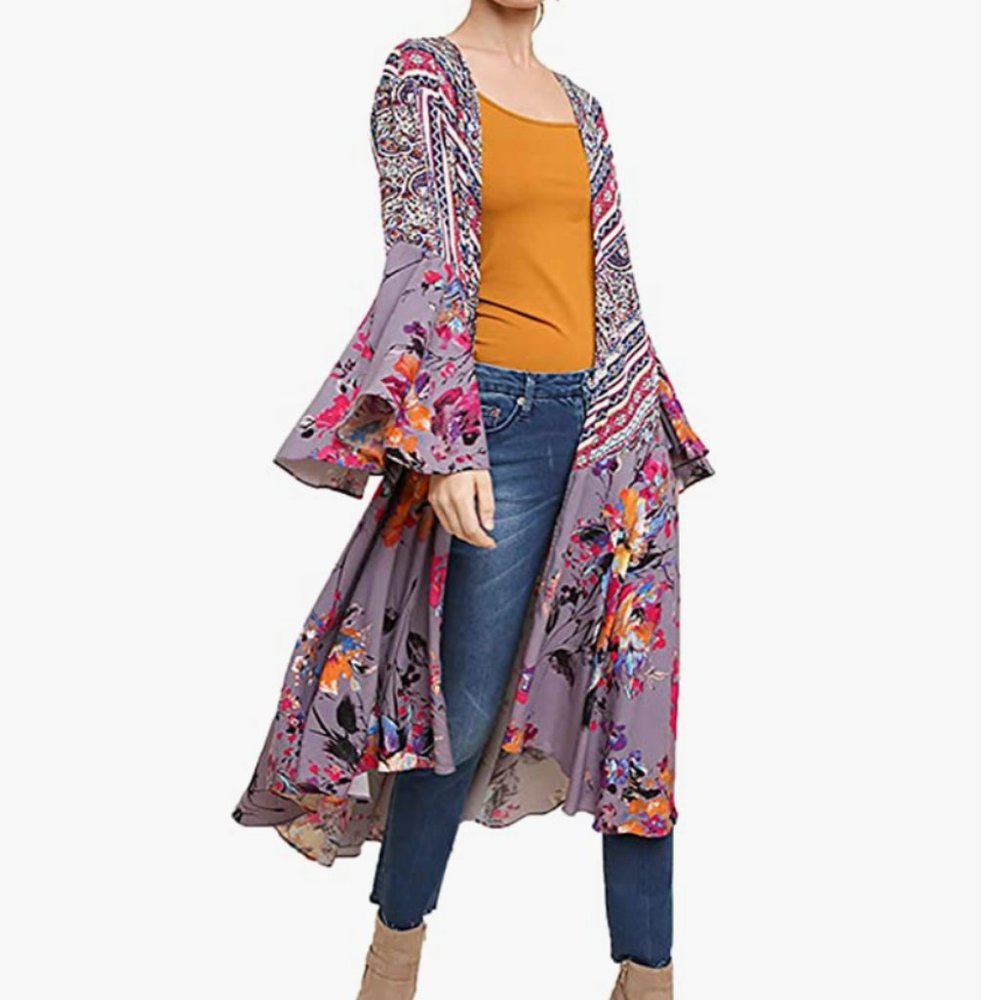 Umgee Women's Ruffled Long body Grey Paisley and Floral Watercolor Kimono, Sz XL